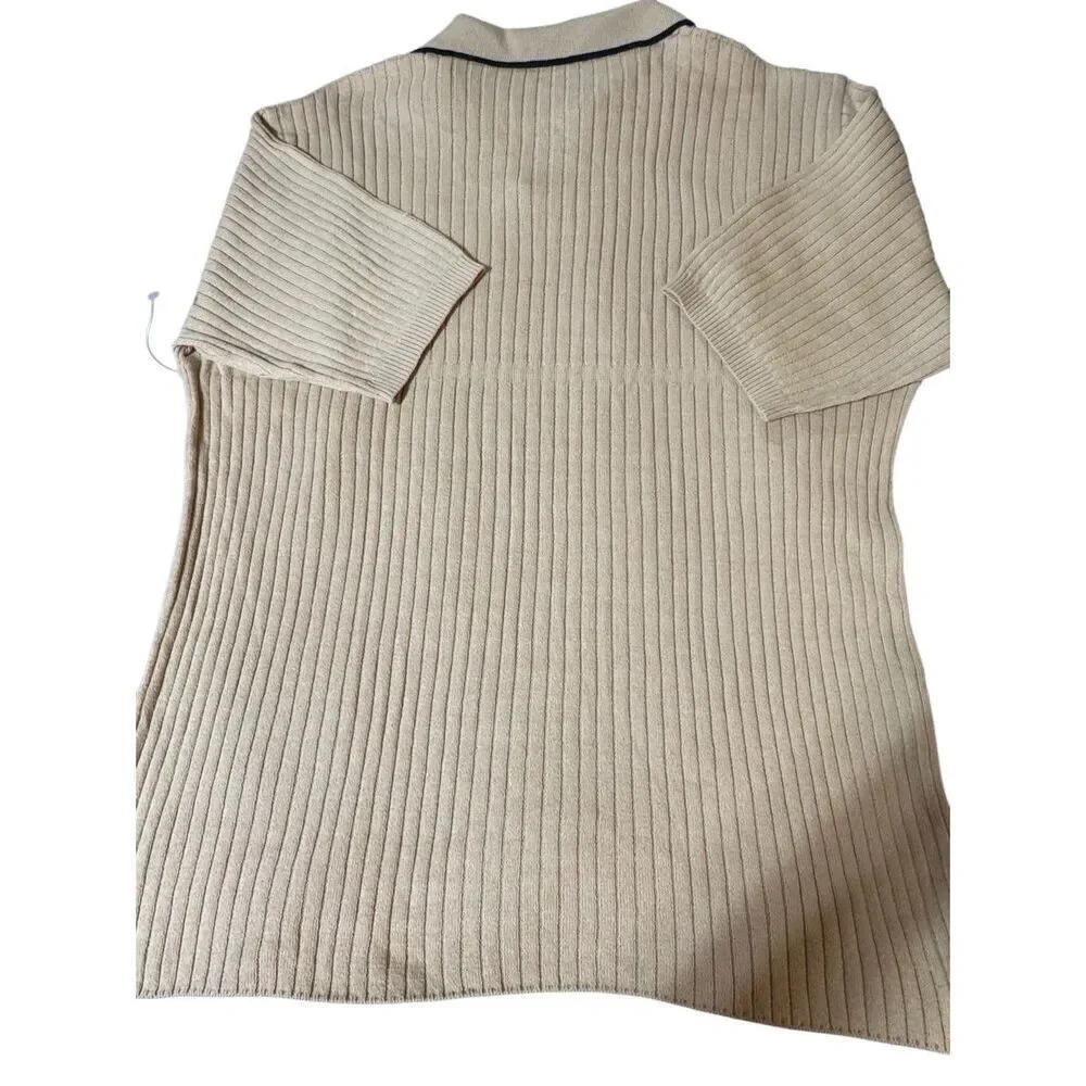 Beige rib knitted short sleeve polo shirt M